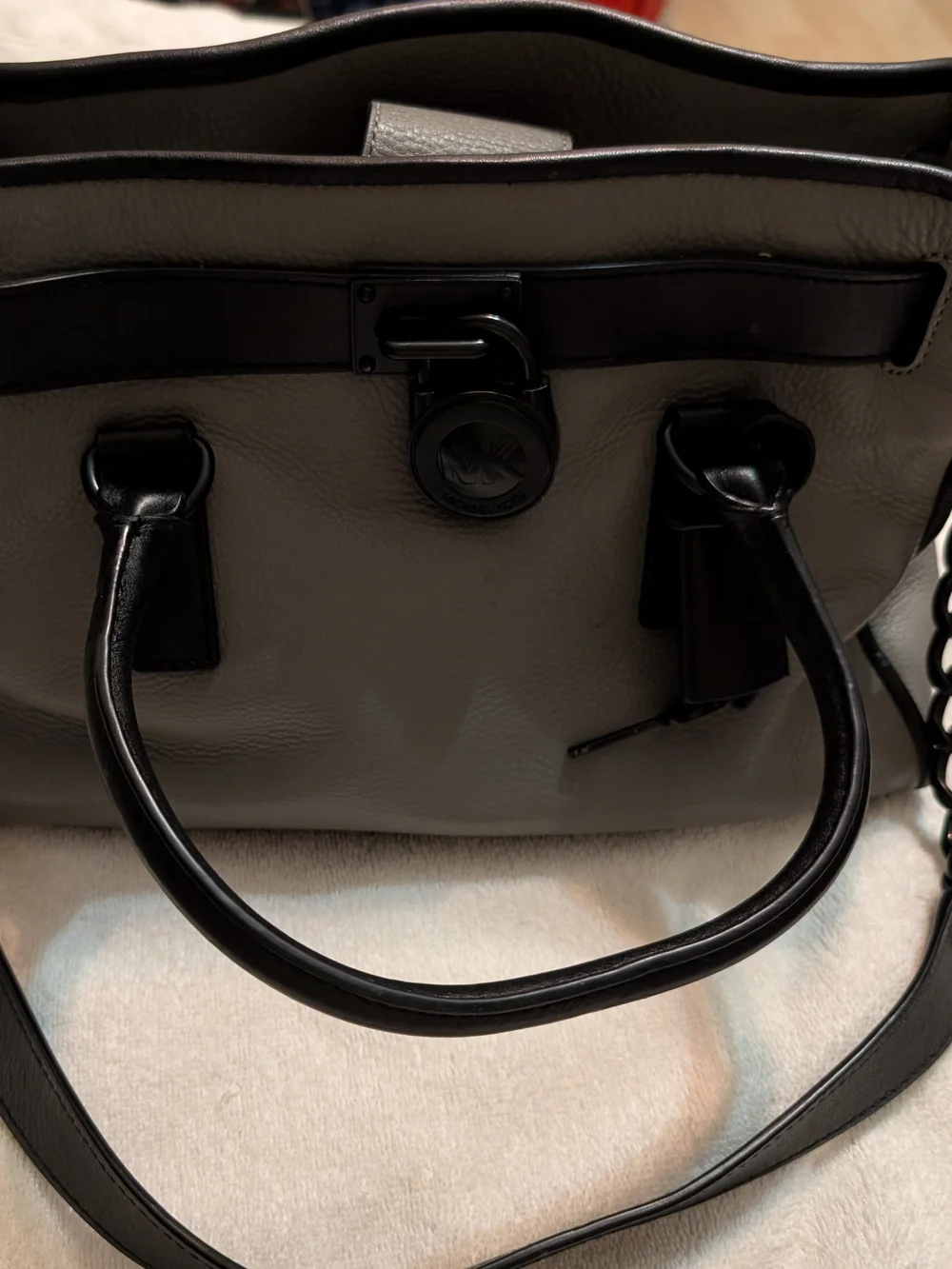 Michael Kors Gray and Black Leather Satchel with MK Medallion